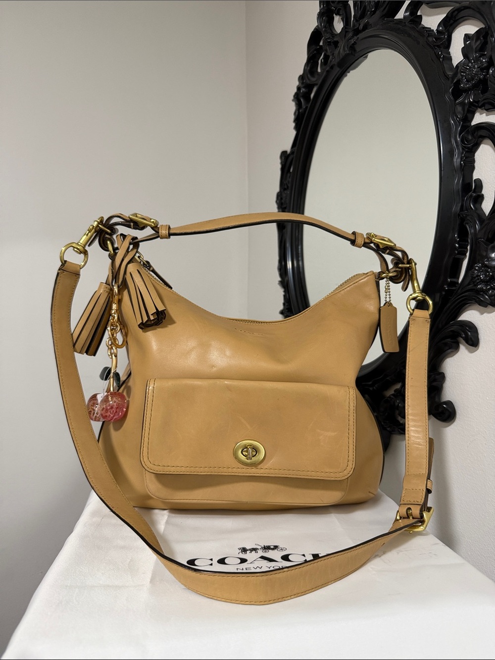 COACH Tan Leather Crossbody Hobo with Tassel Charm 🎀🎀